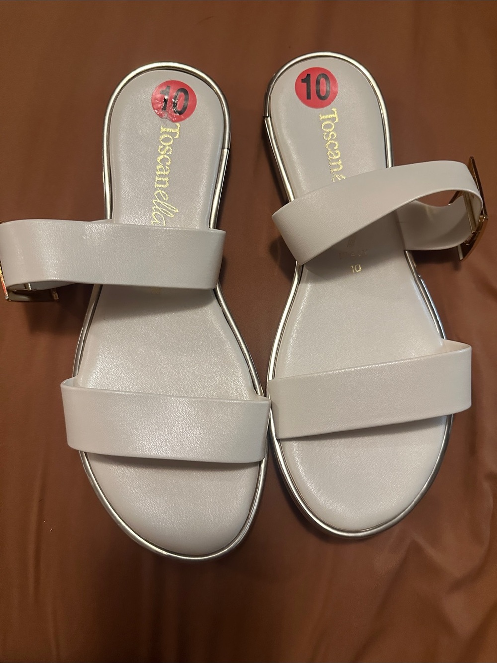 Toscanella Double-Strap Slide Sandals in Light Beige with Gold Trim